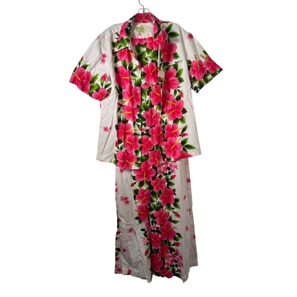 Vintage Hawaiian Pink Hibiscus Floral Barkcloth Dress and Shirt Set Preppy